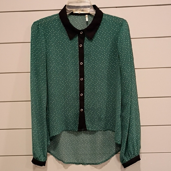 Have Tops - Y2K Emerald Green And Black Button Front  Sheet Blouse Size Medium